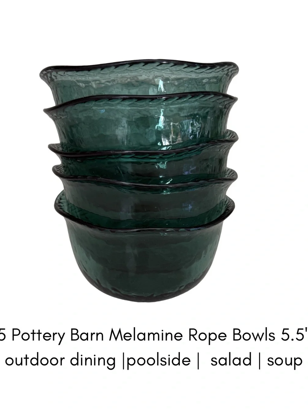 Pottery Barn Emerald Green Melamine Rope-Edge Bowls - Set of 5